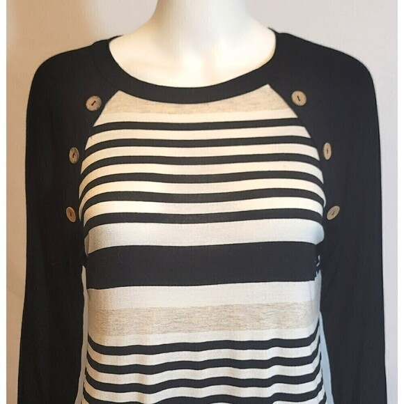 First Look Black White Stripe Crew Neck Long Sleeve T-shirt Top Size M - Picture 5 of 10